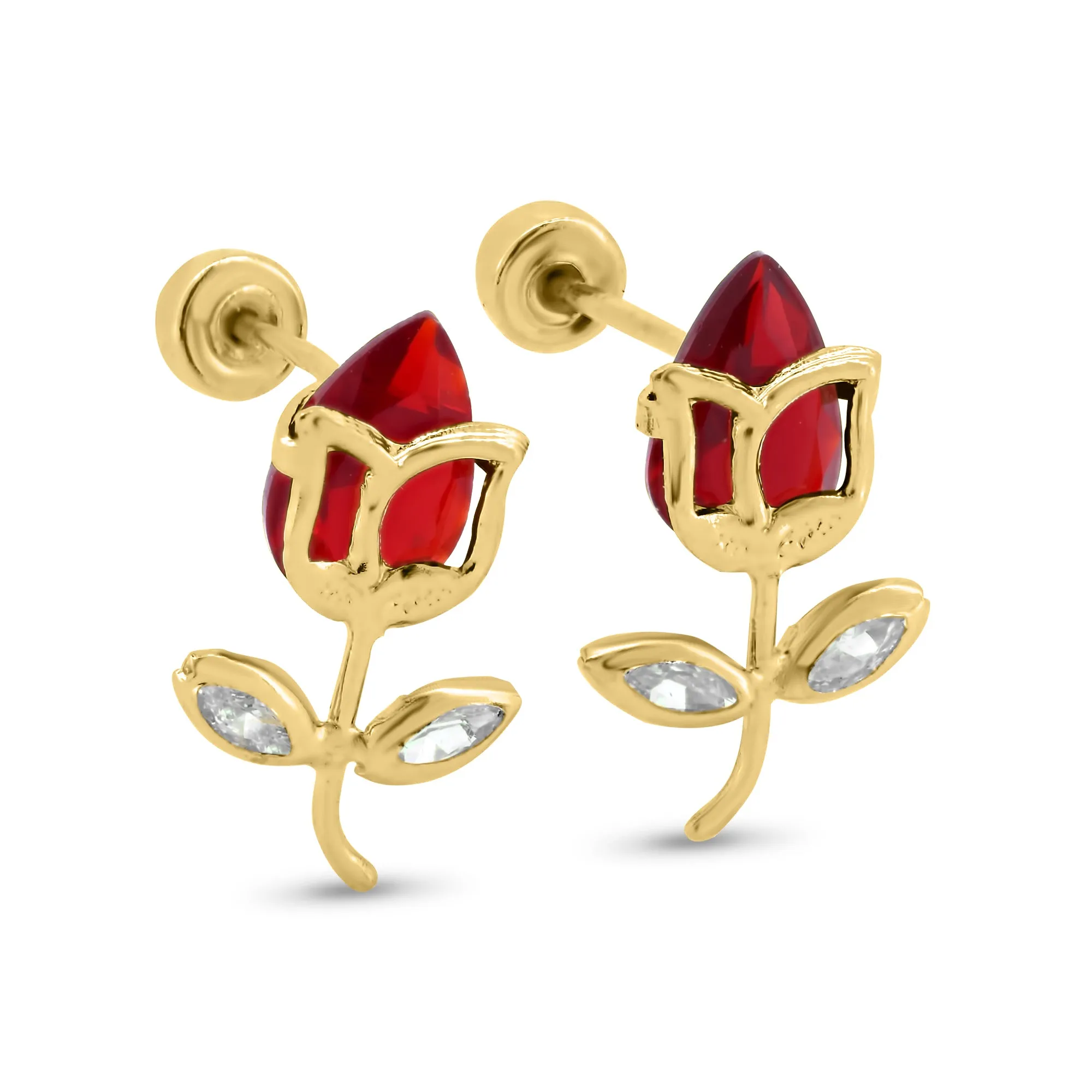 14E00393. - 14 Karat Yellow Gold Flower Red CZ Screw Back Earrings