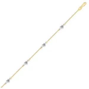 14k Two Tone Gold Anklet with Diamond Cut Heart Style Stations, size 10''