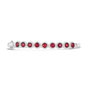 14K White Gold Clasped Bangle with Rubies with Diamond Halos