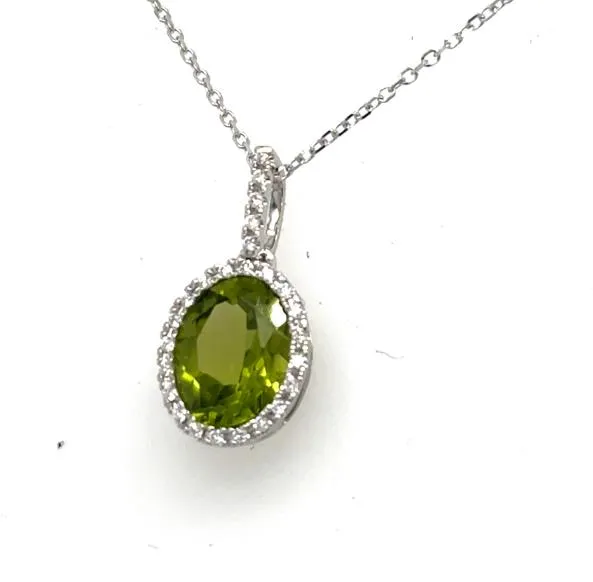 14K White Gold Peridot & Diamond Halo Pendant