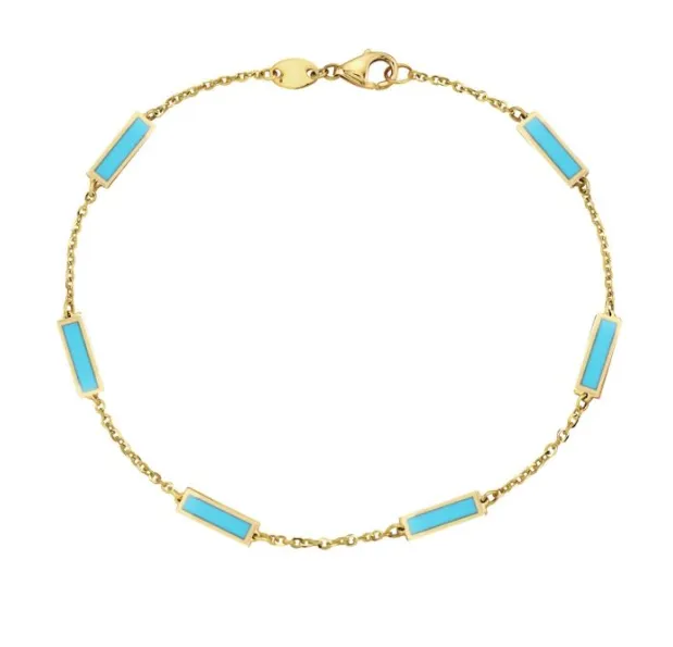 14k Yellow Gold Rectangle Turquoise Station Bracelet (I7958)