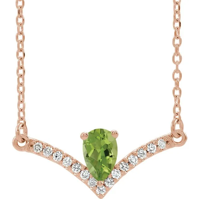 14KT GOLD 0.48 CT PERIDOT & .08 CTW DIAMOND ACCENT "V" BAR NECKLACE