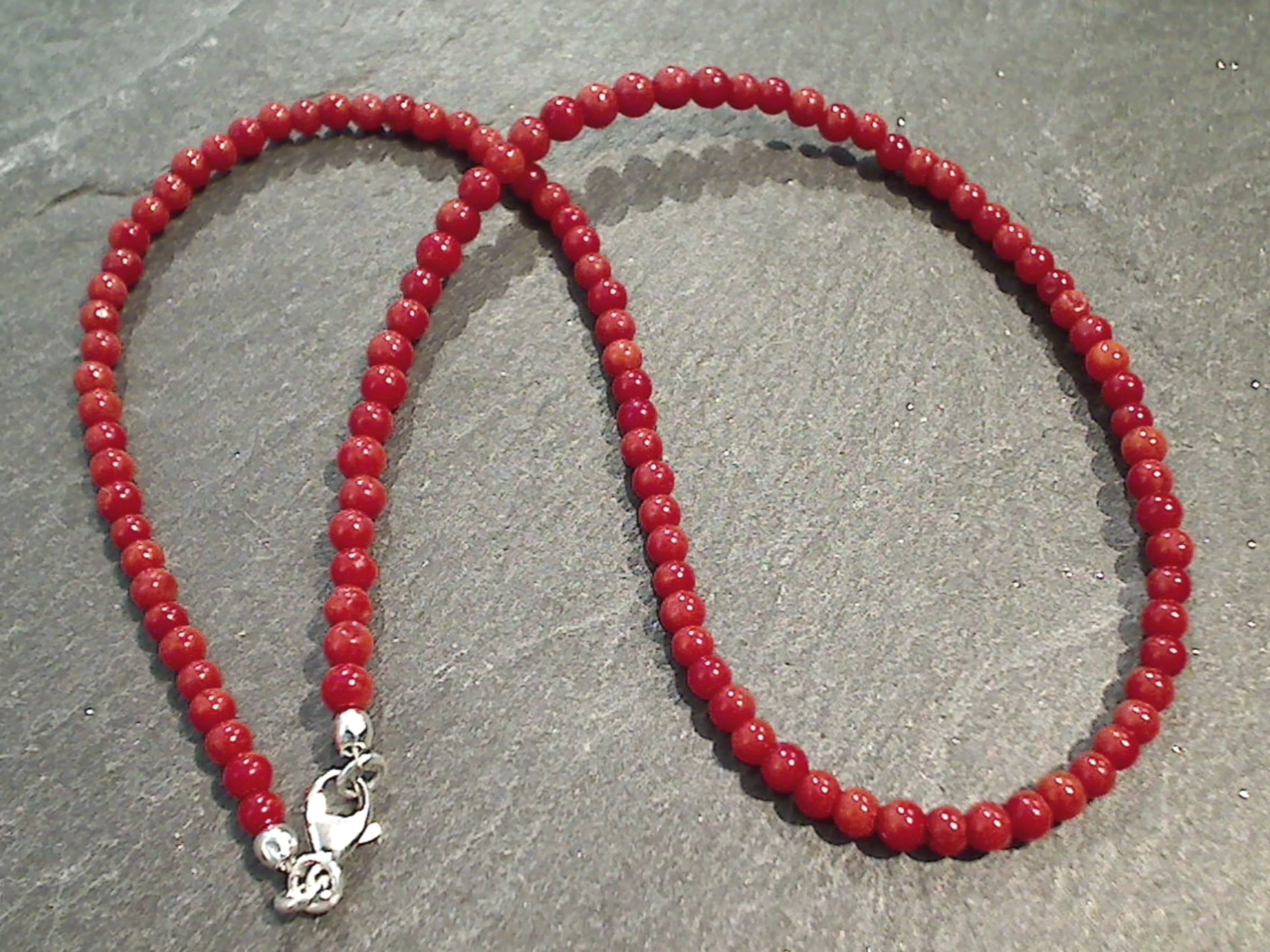 14" Red Coral, Sterling Silver 3MM to 4MM Necklace