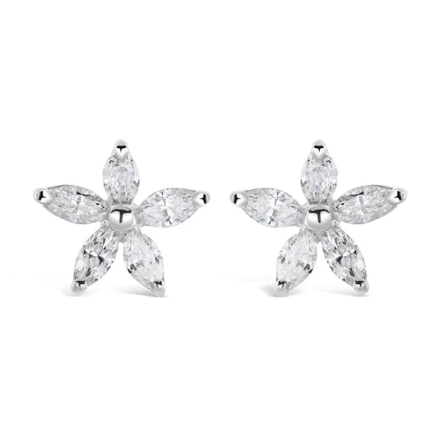 18ct White Gold Marquise Cut Diamond Flower Stud Earrings