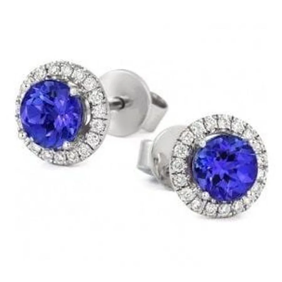 18ct White Gold Round Tanzanite & Diamond Halo Cluster Earrings