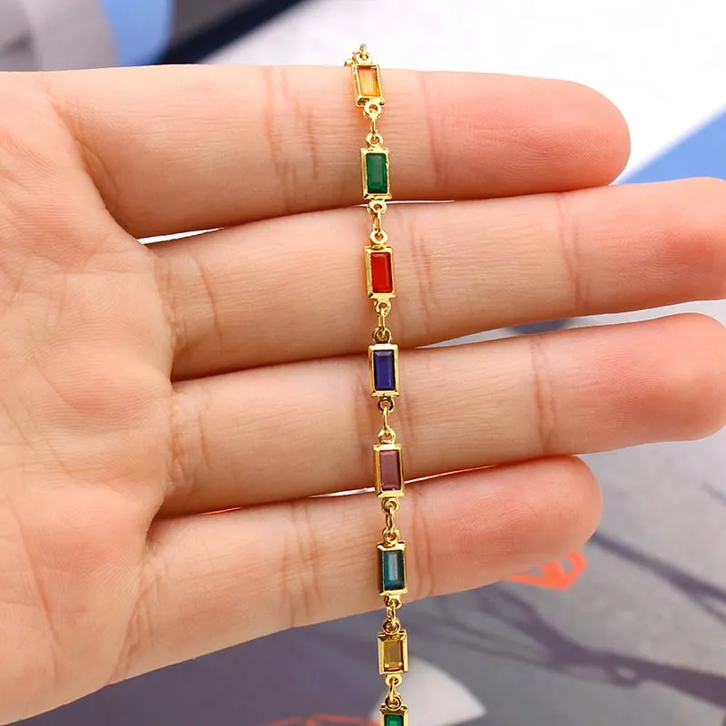 18K Gold Filled High Polish Finsh Gold and Multi Color Dark Crystal Baguette Anklet