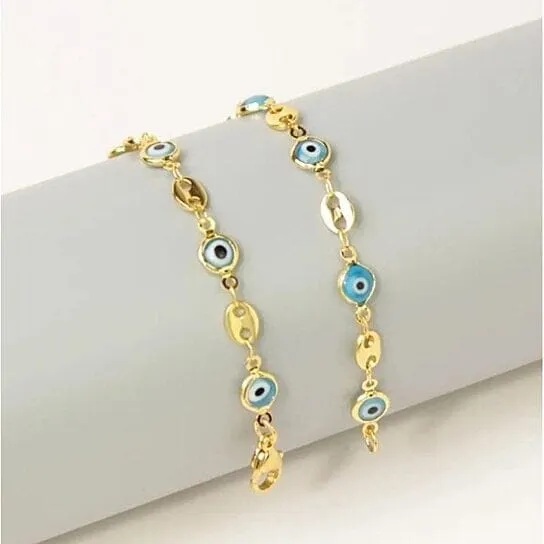 18k Gold Plated Mariner Light Blue Evil Eye Crystal Anklet