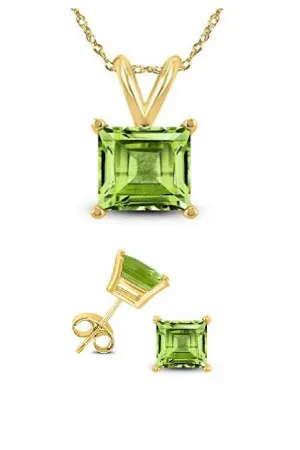 18K Yellow Gold 1ct Peridot Square 18 Inch Necklace and Earrings Set Plated