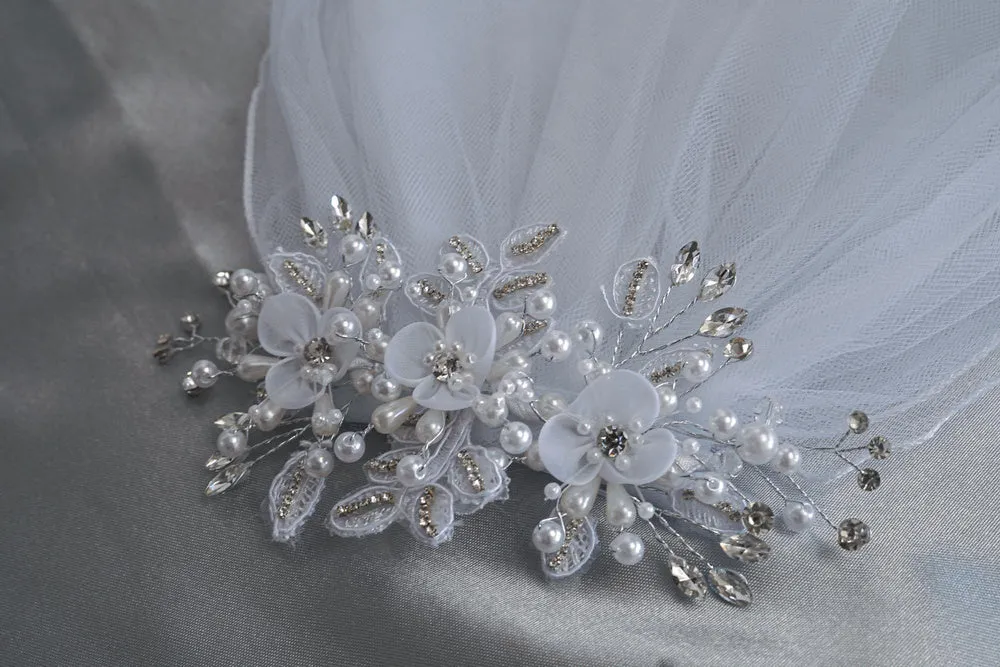 24" Veil - Organza flowers with pearls & rhinestones