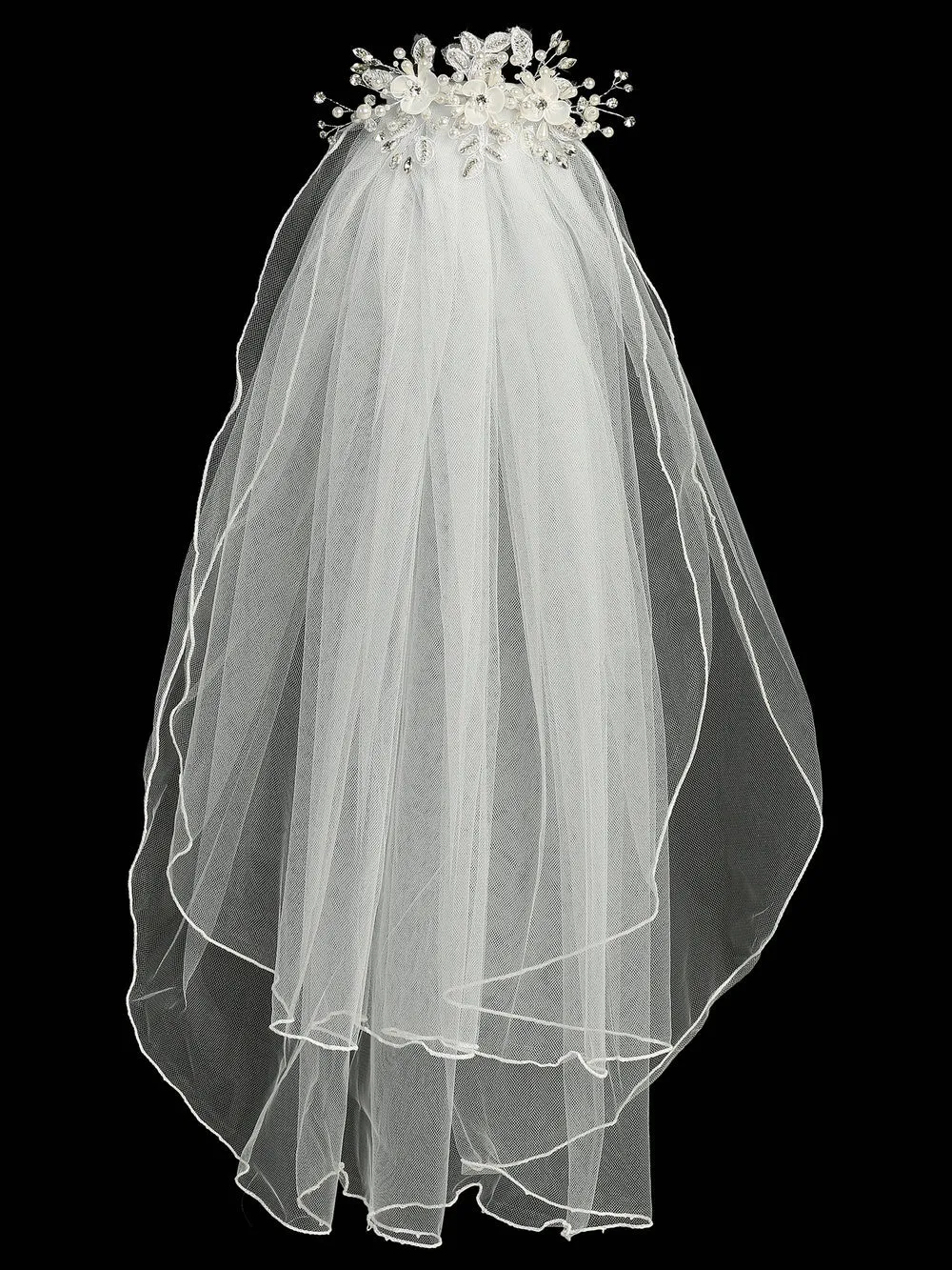 24" Veil - Organza flowers with pearls & rhinestones