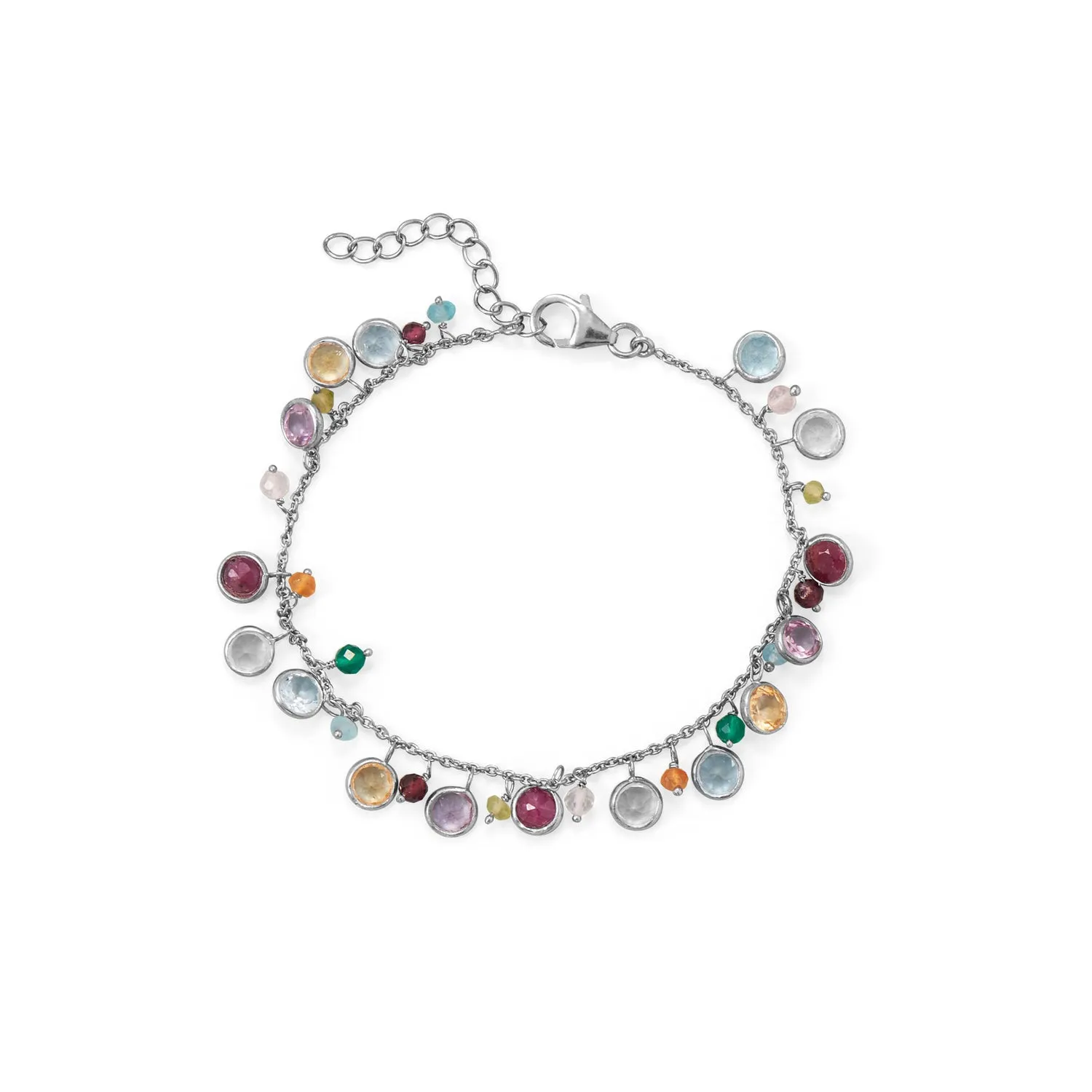 7" 1 Rhodium Plated Multi Stone Charm Bracelet