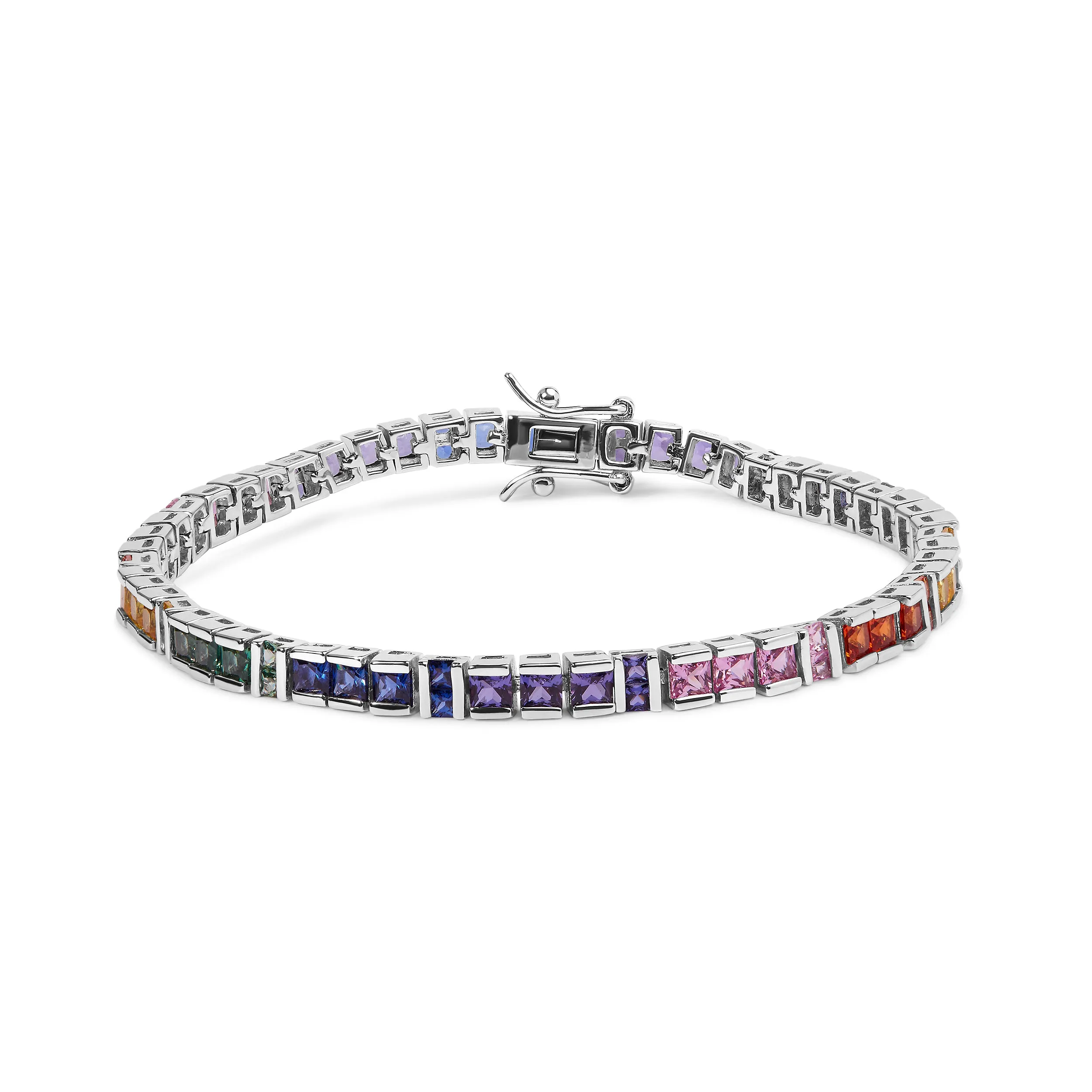 .925 Sterling Silver 12.0 Cttw Multi Colored Princess Cut Gemstone Link Tennis Bracelet