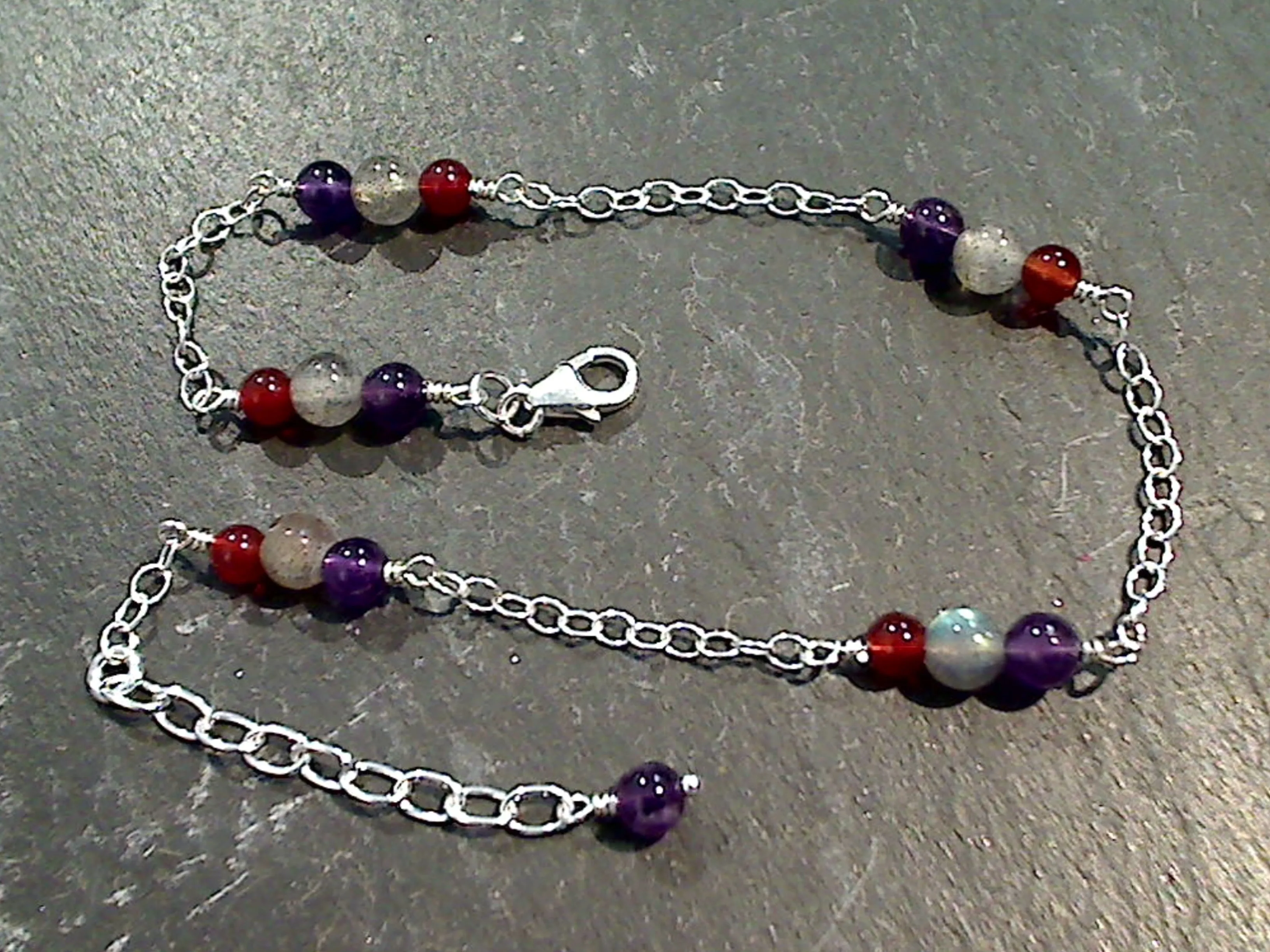 9" - 10" Amethyst, Carnelian, Labradorite, Sterling Silver Anklet