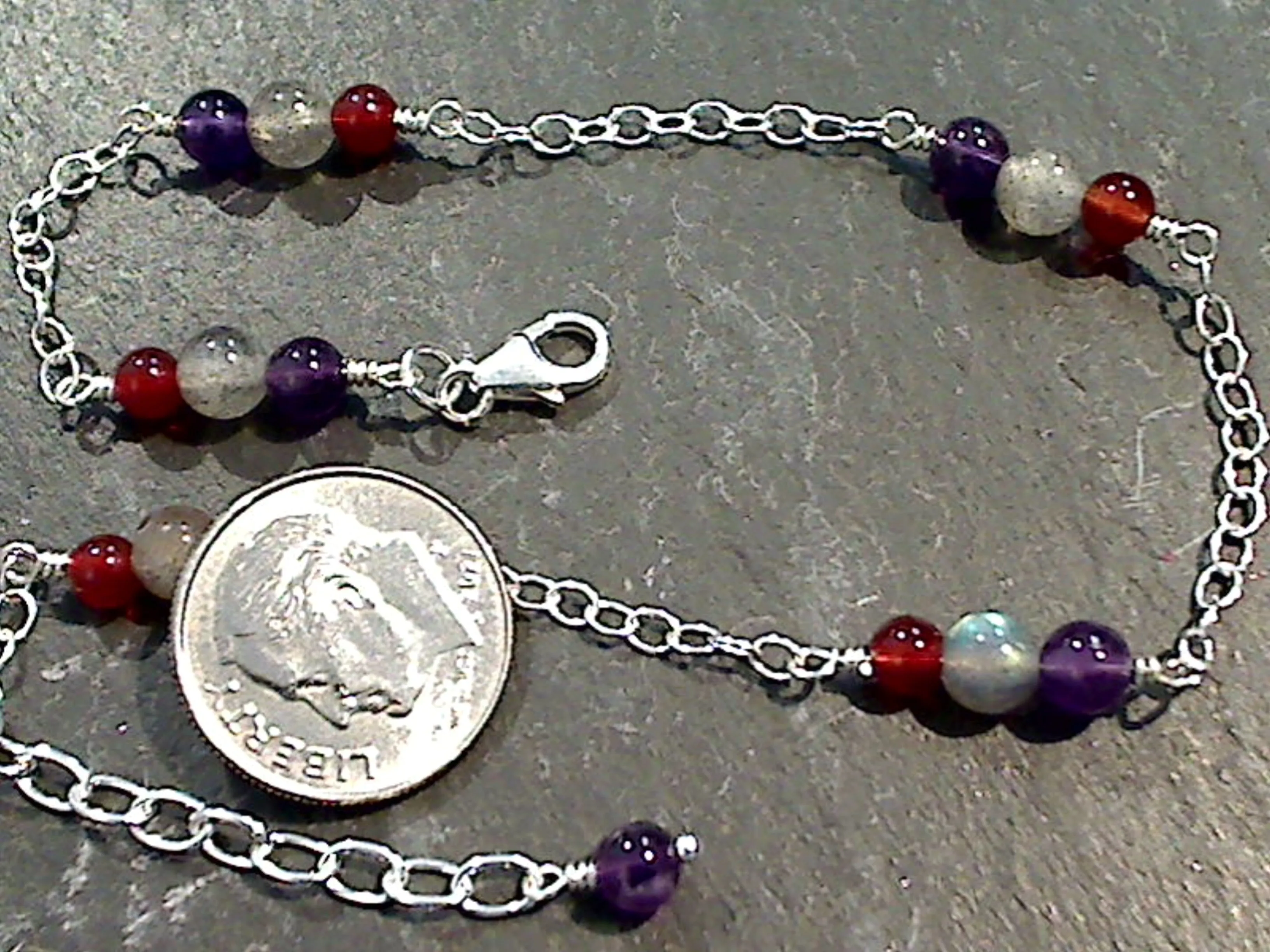 9" - 10" Amethyst, Carnelian, Labradorite, Sterling Silver Anklet