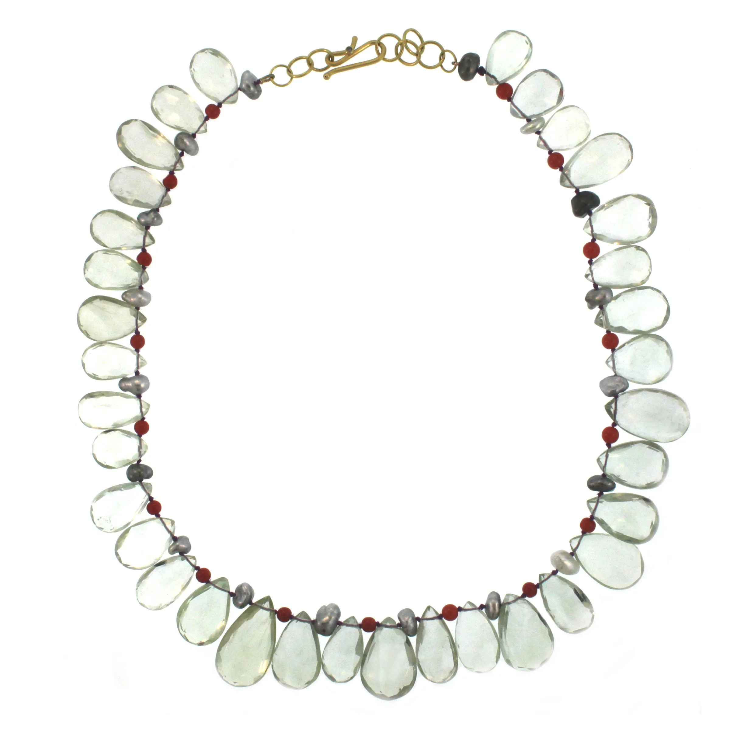 A Faceted Prasiolite, Coral, and Keishi Pearl Bead Knotted Silk Necklace