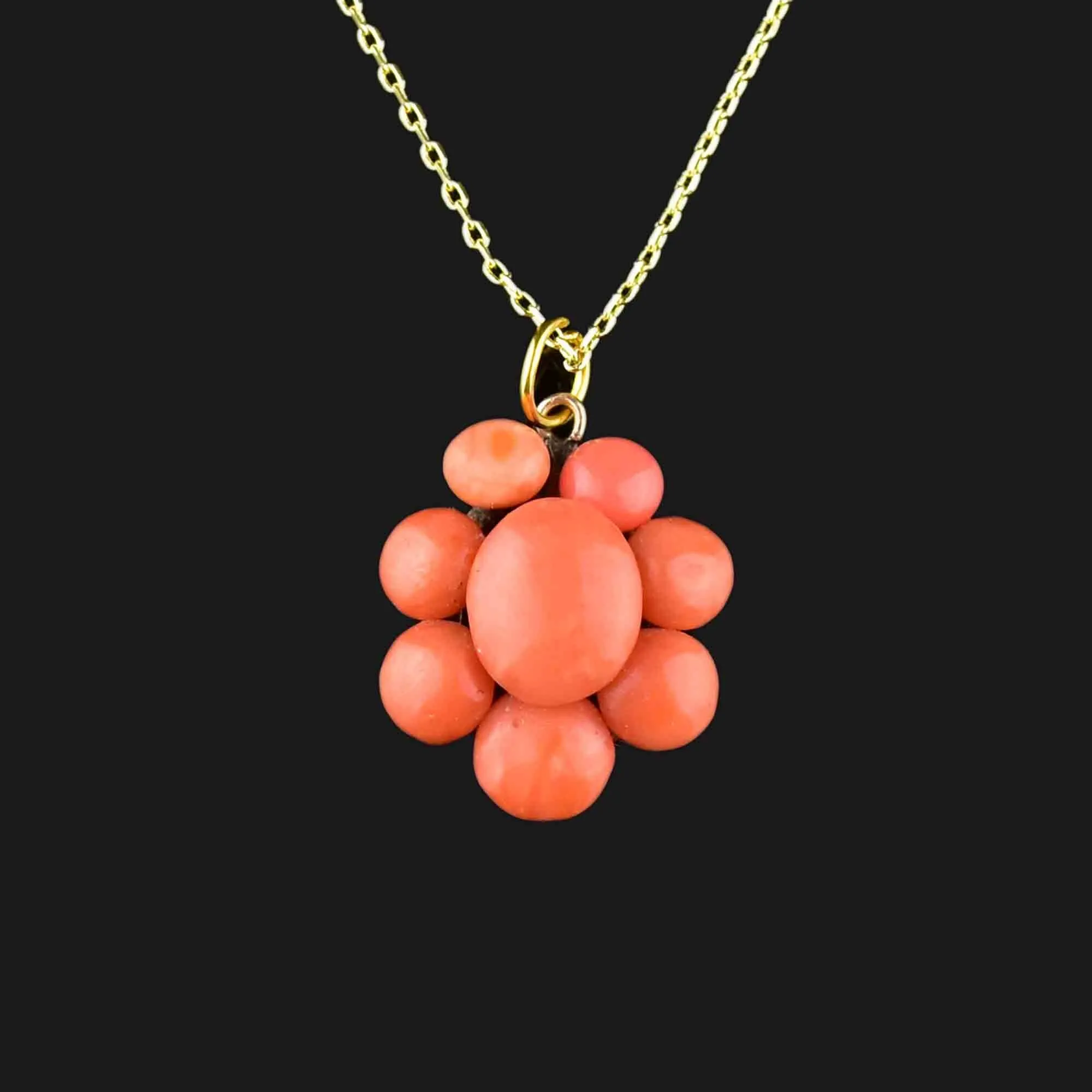 Antique Victorian 14K Gold Coral Halo Pendant Necklace