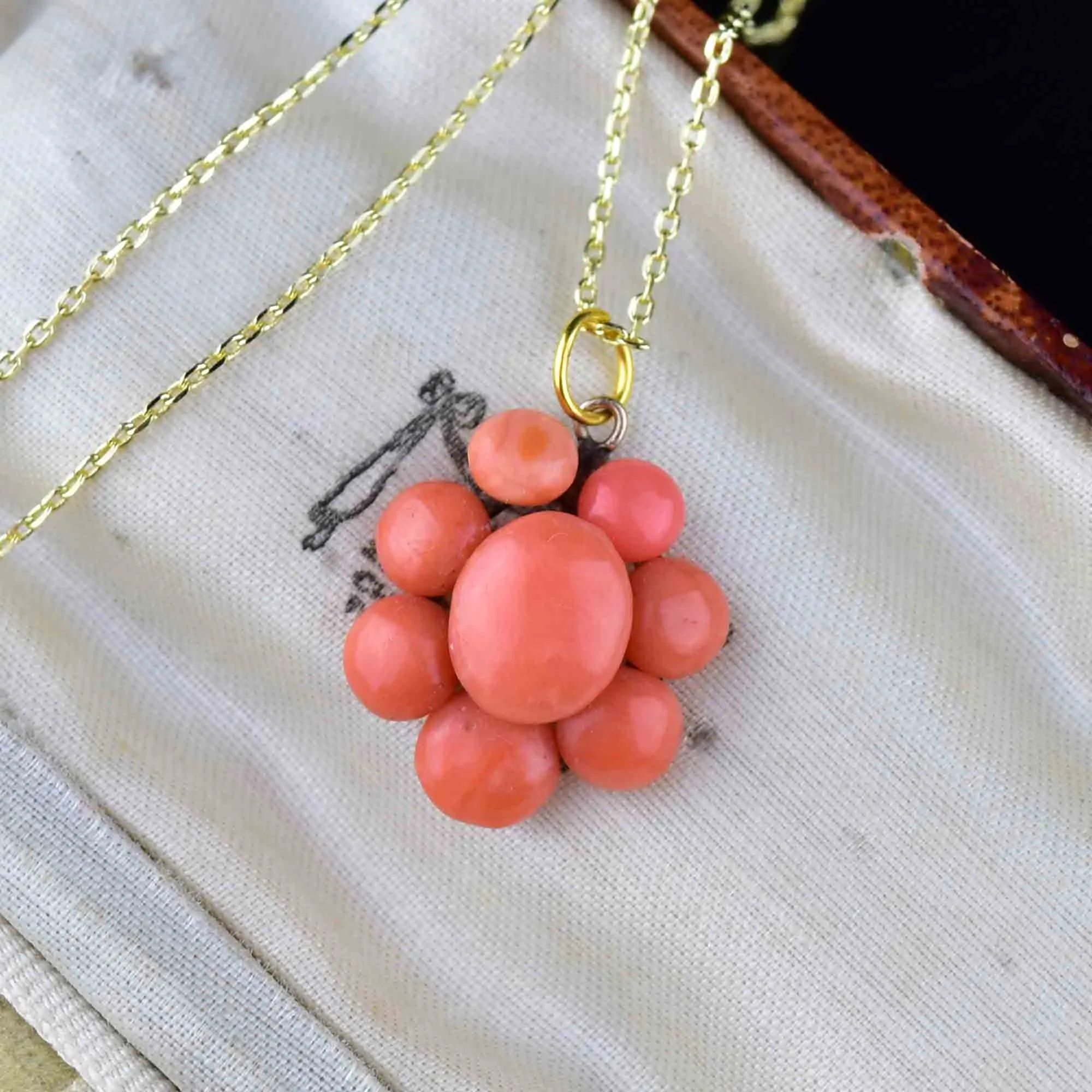 Antique Victorian 14K Gold Coral Halo Pendant Necklace