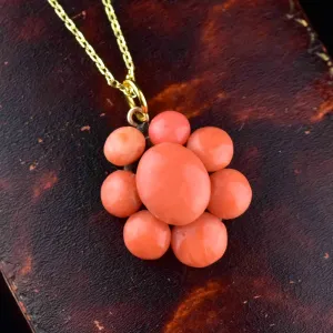 Antique Victorian 14K Gold Coral Halo Pendant Necklace