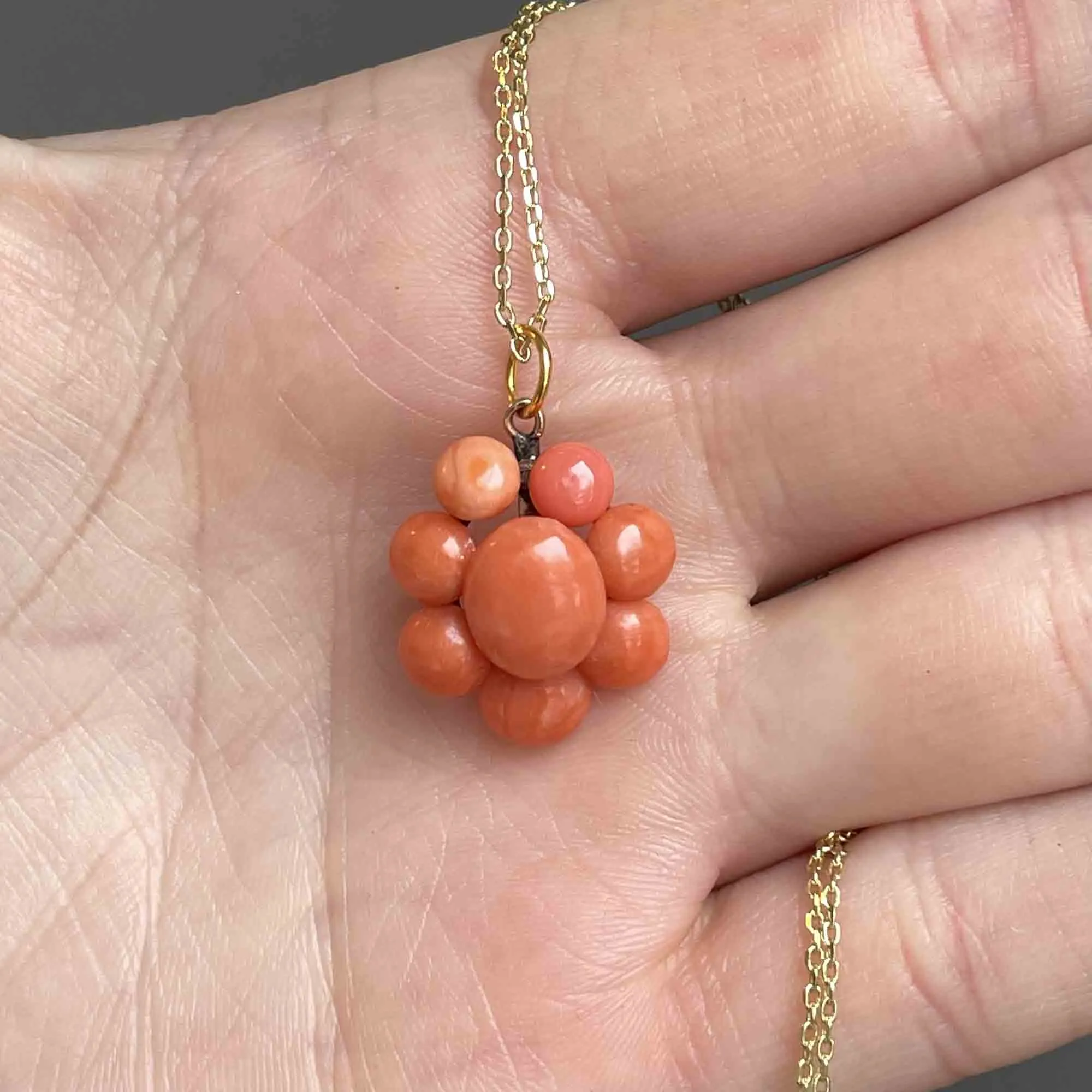 Antique Victorian 14K Gold Coral Halo Pendant Necklace