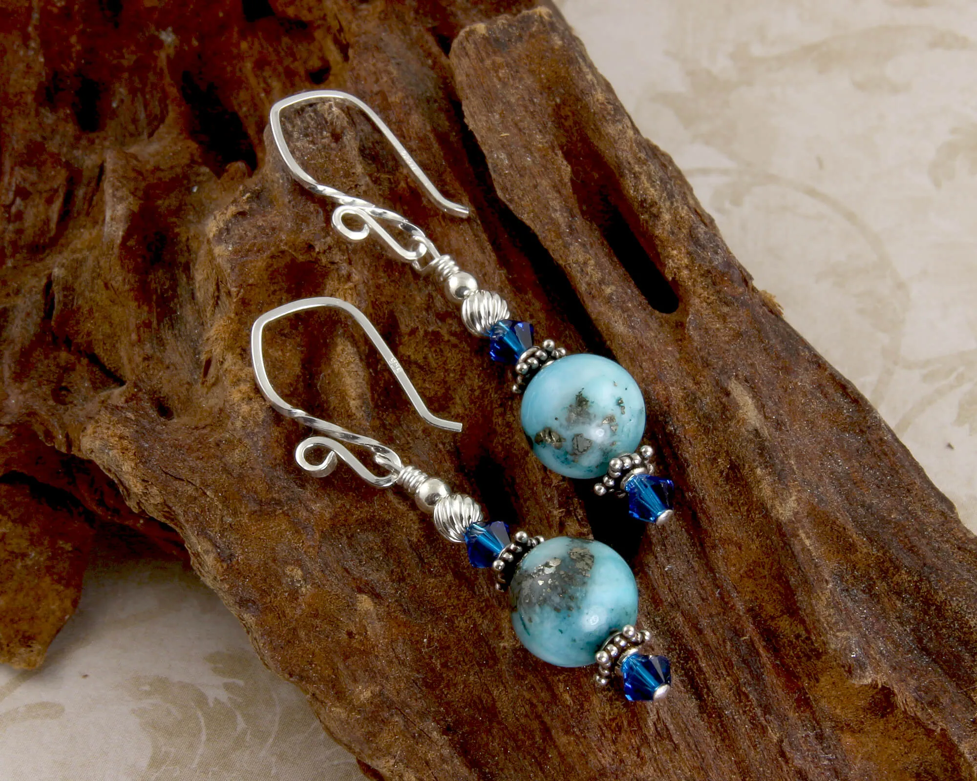 Aqua Blue Gemstone Beaded Earrings, Sterling Silver