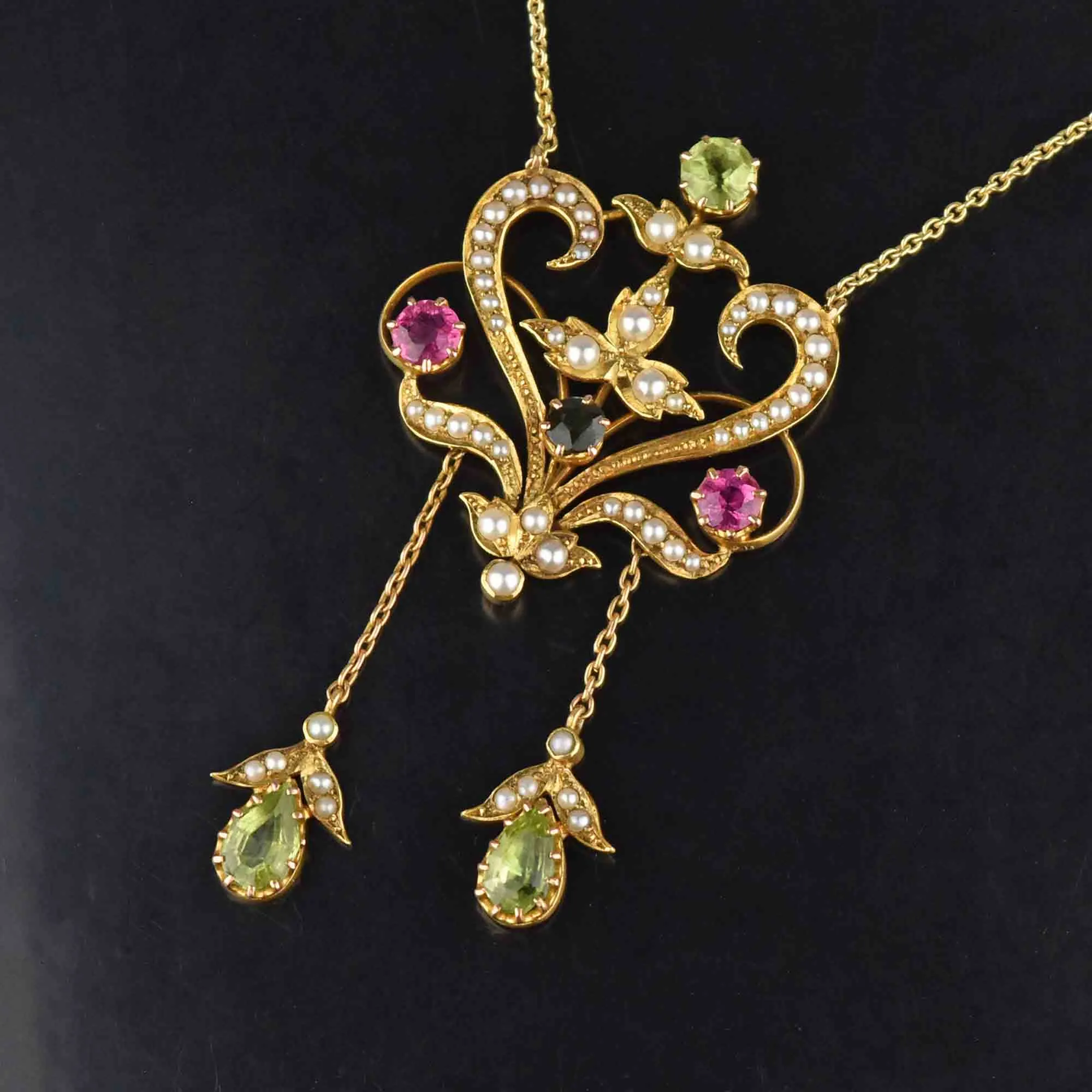 Art Nouveau 18K Gold Peridot Tourmaline Pearl Necklace