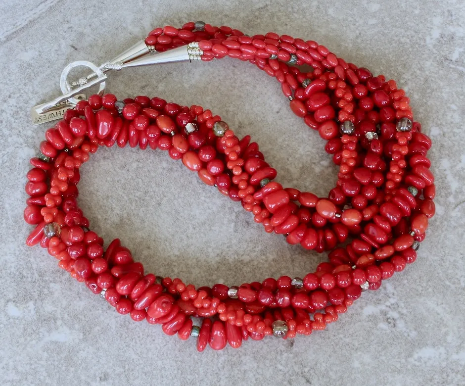 Bamboo Coral 5-Strand Twist Necklace with Czech Glass and Sterling Silver Cones & Toggle Clasp