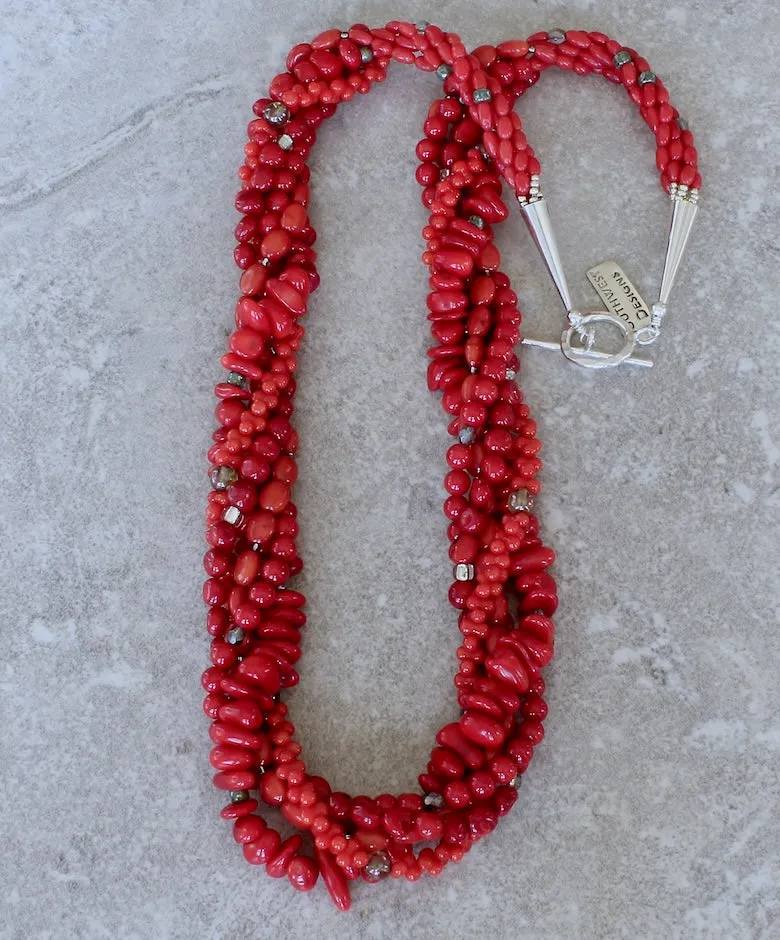 Bamboo Coral 5-Strand Twist Necklace with Czech Glass and Sterling Silver Cones & Toggle Clasp