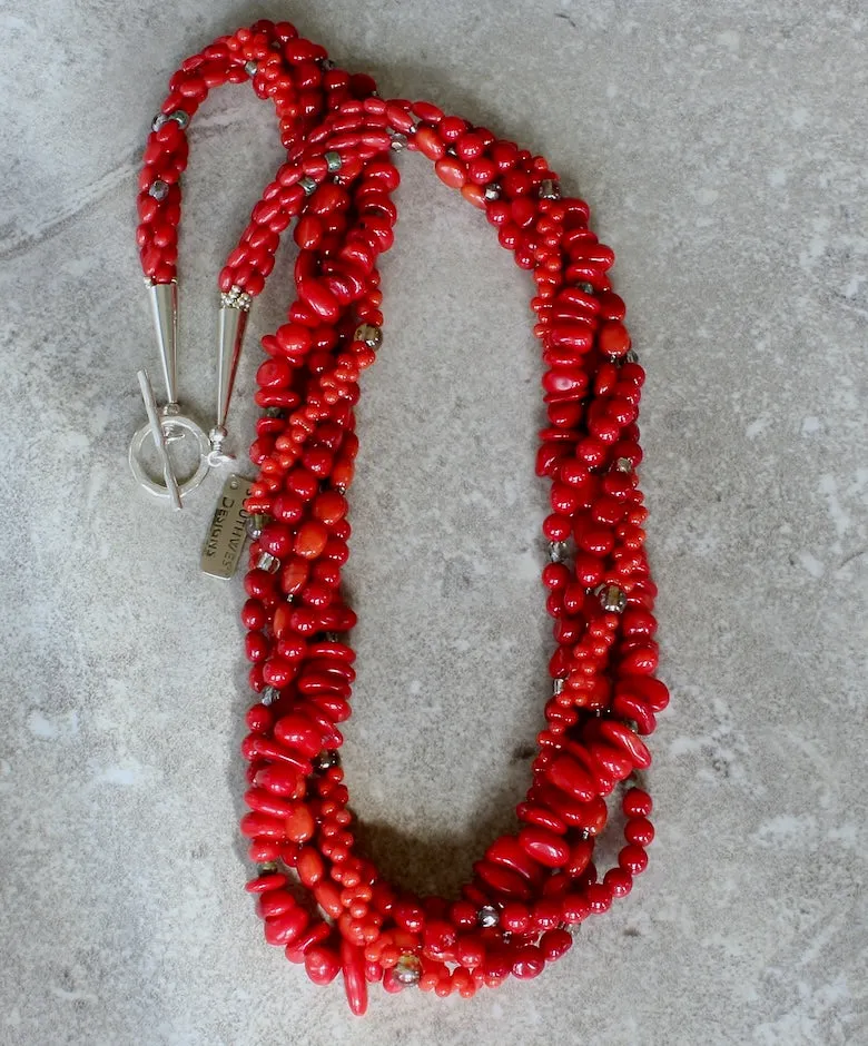 Bamboo Coral 5-Strand Twist Necklace with Czech Glass and Sterling Silver Cones & Toggle Clasp