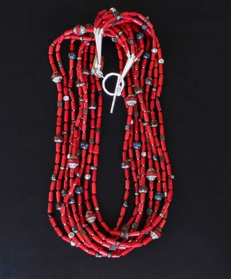 Bamboo Coral Cylinder Bead 8-Strand Necklace with Multi-Hued Czech Glass, and Sterling Silver Beads, Cones & Toggle Clasp