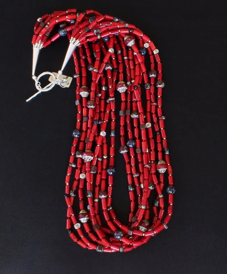 Bamboo Coral Cylinder Bead 8-Strand Necklace with Multi-Hued Czech Glass, and Sterling Silver Beads, Cones & Toggle Clasp