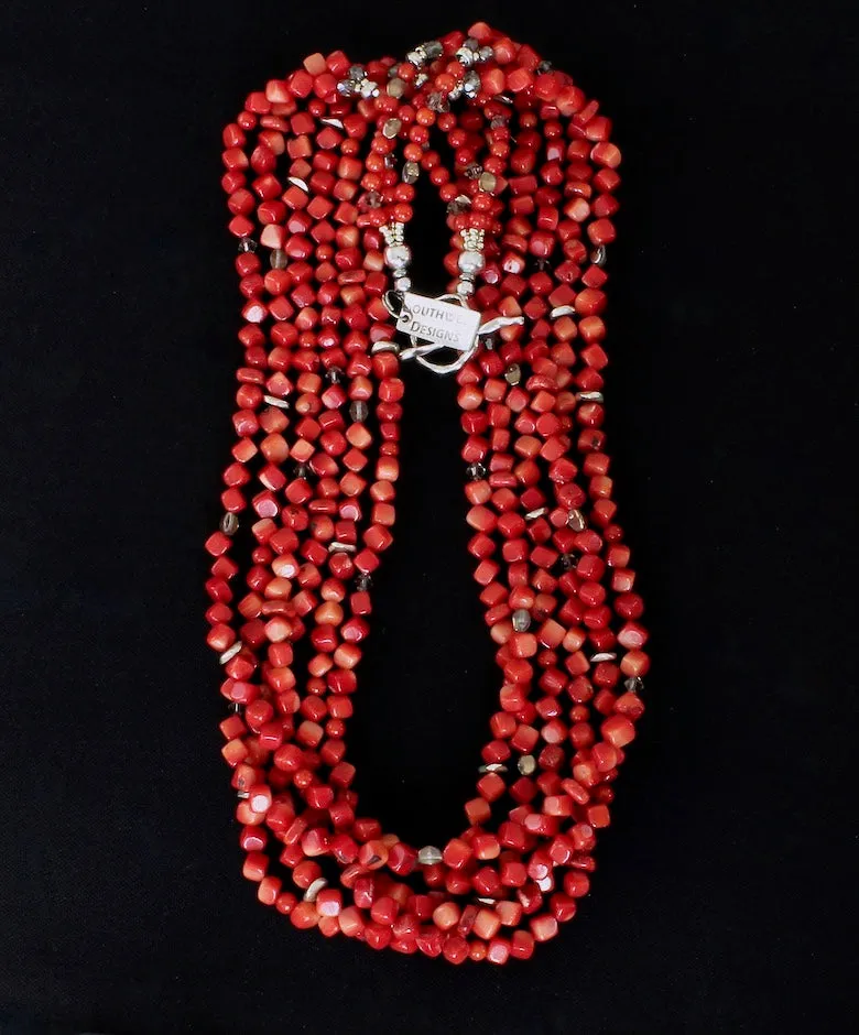 Bamboo Coral End-Drilled Cubes 6-Strand Necklace with Bamboo Coral Rounds, Apple Coral Heishi, Czech Fire Polished Glass and Sterling Silver