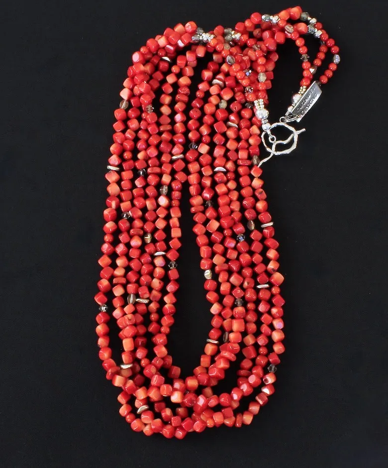 Bamboo Coral End-Drilled Cubes 6-Strand Necklace with Bamboo Coral Rounds, Apple Coral Heishi, Czech Fire Polished Glass and Sterling Silver