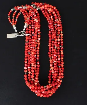 Bamboo Coral End-Drilled Cubes 6-Strand Necklace with Bamboo Coral Rounds, Apple Coral Heishi, Czech Fire Polished Glass and Sterling Silver