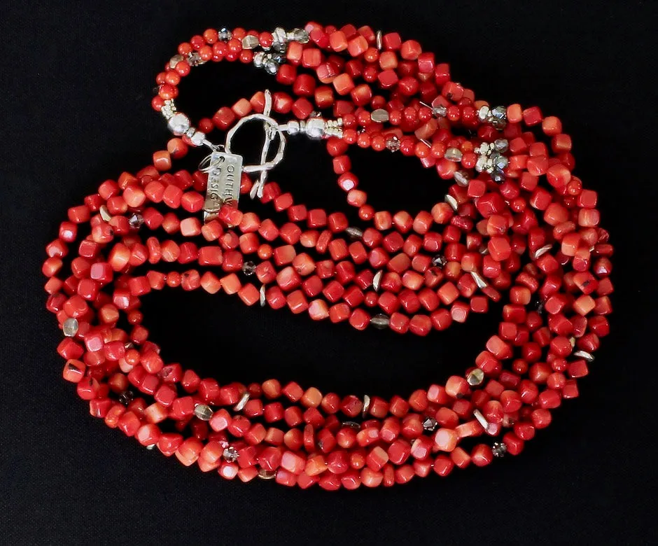 Bamboo Coral End-Drilled Cubes 6-Strand Necklace with Bamboo Coral Rounds, Apple Coral Heishi, Czech Fire Polished Glass and Sterling Silver