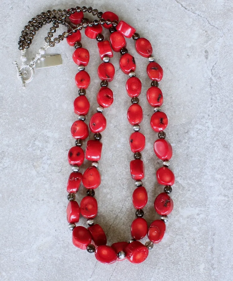 Bamboo Coral Oval Nugget 2-Strand Necklace with Smoky Quartz and Sterling Silver