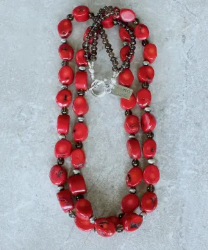 Bamboo Coral Oval Nugget 2-Strand Necklace with Smoky Quartz and Sterling Silver