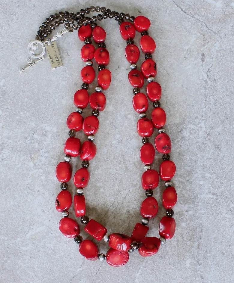 Bamboo Coral Oval Nugget 2-Strand Necklace with Smoky Quartz and Sterling Silver