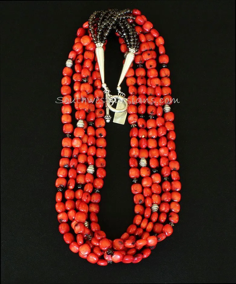 Bamboo Coral Pillows 5-Strand Necklace with Smoky Quartz Rondelles, Swarovski Crystal Bicones, and Sterling Silver Wrapped Cylinders & Toggle Clasp