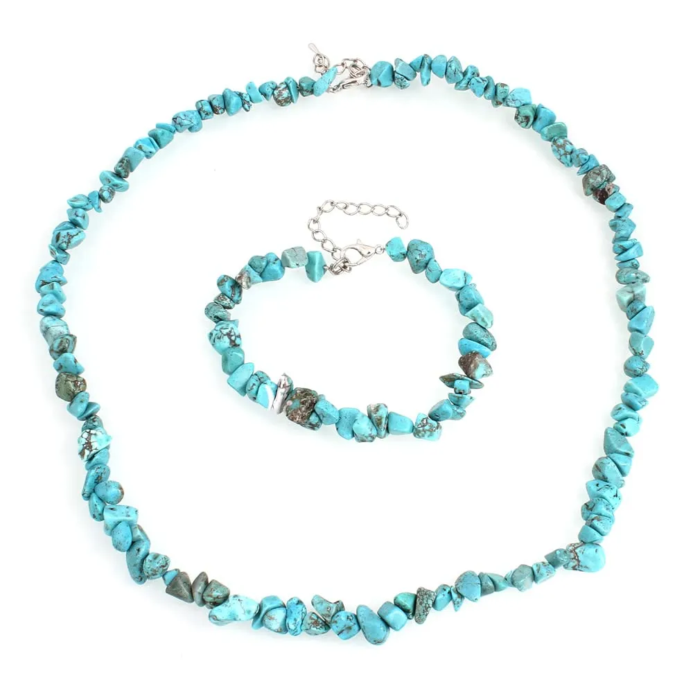 Beautiful Natural Blue Turquoise Gemstone Chips Necklace and Bracelet