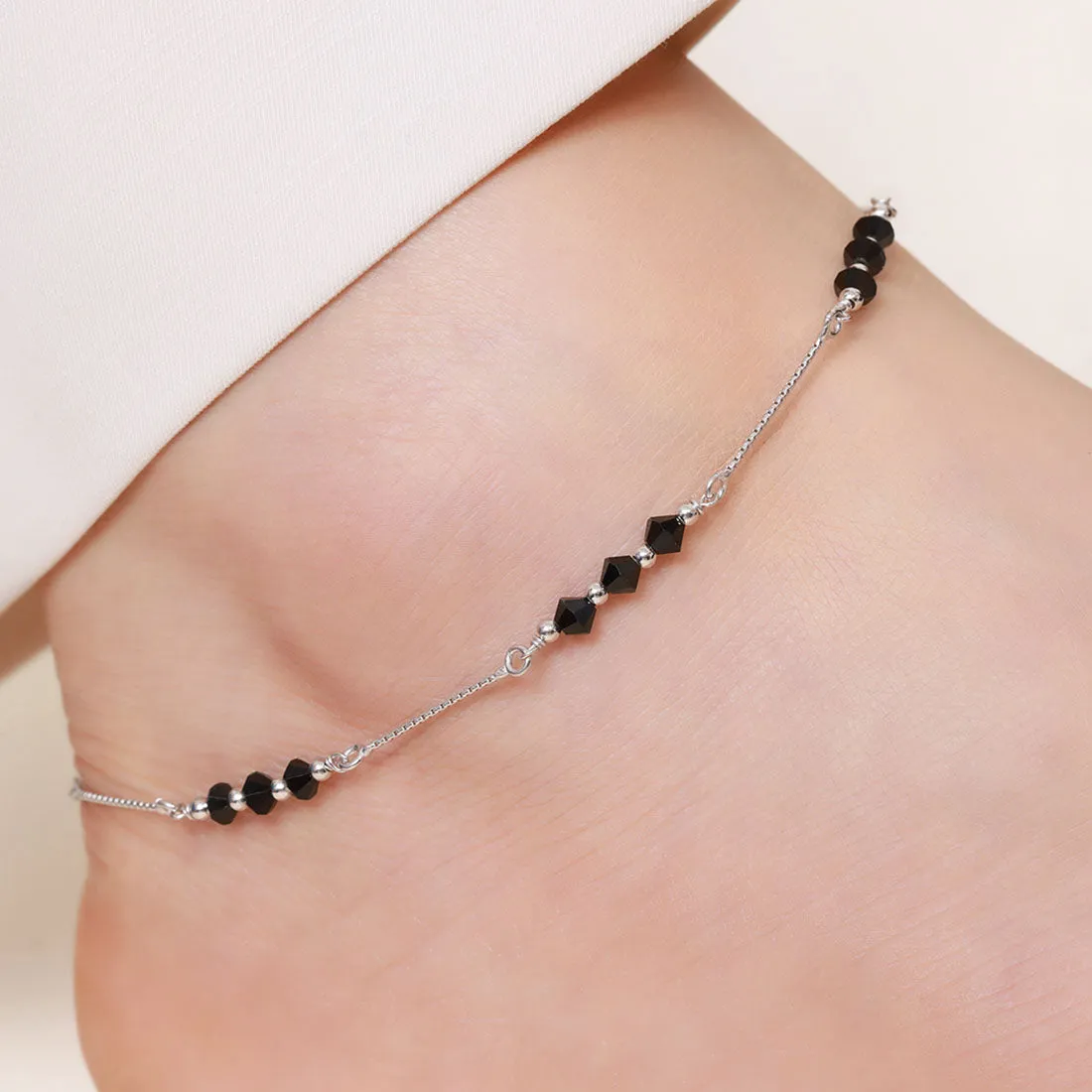 Black Beauty Rhodium Plated 925 Sterling Silver Adjustable Chain Anklet