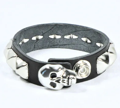 Black Leather Bracelet w/ 1 Row of Silver Pyramid Studs and Skull Snap