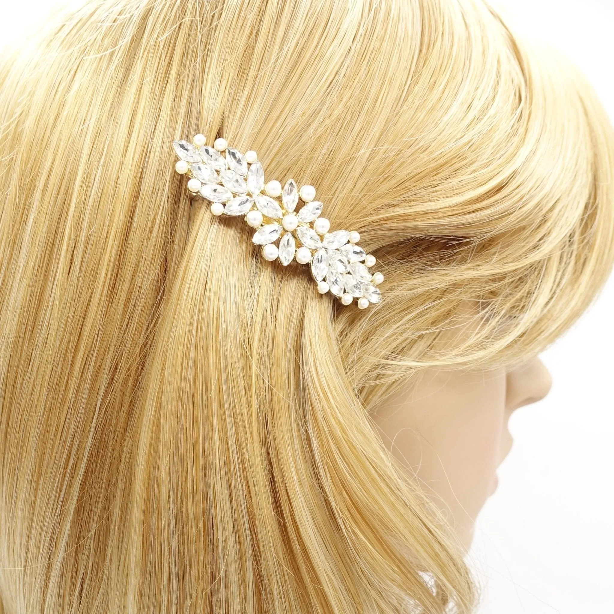 bling rhinestone pearl hair barrette flower petal side hair barrette