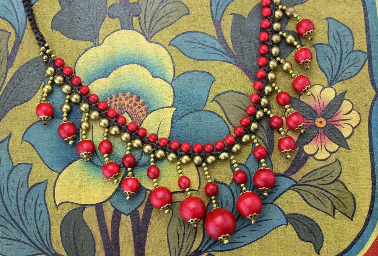 Brass and Coral Beaded Necklace