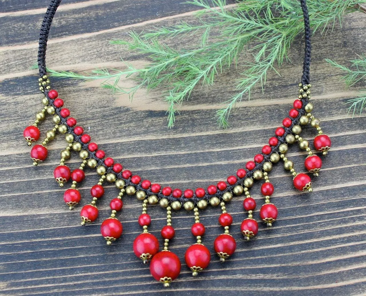 Brass and Coral Beaded Necklace