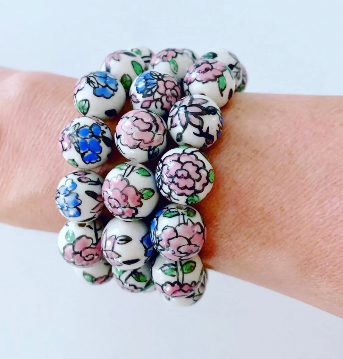 Chinoiserie Pink/Blue Peony Flower Bracelet