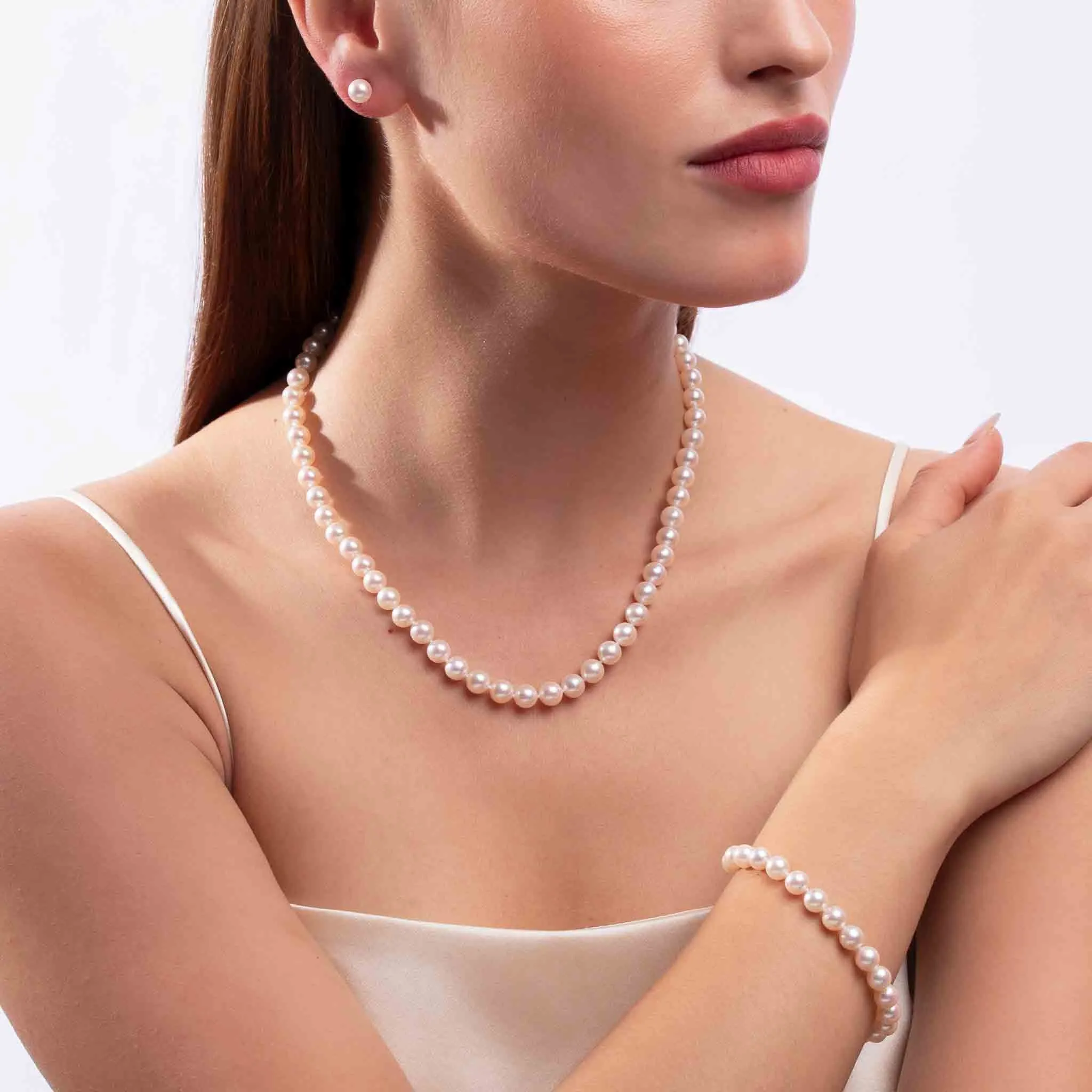 Classic AA Akoya Pearl Necklace, Bracelet & Earring Set in 18k Gold