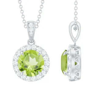 Claw Set Round Peridot Halo Pendant with Diamond