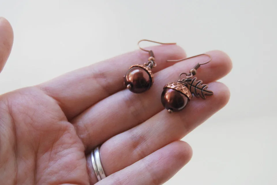 Copper Acorn Earrings | Pearl or Gemstone Acorn Charm Earrings | Fall Earrings | Nature Jewelry