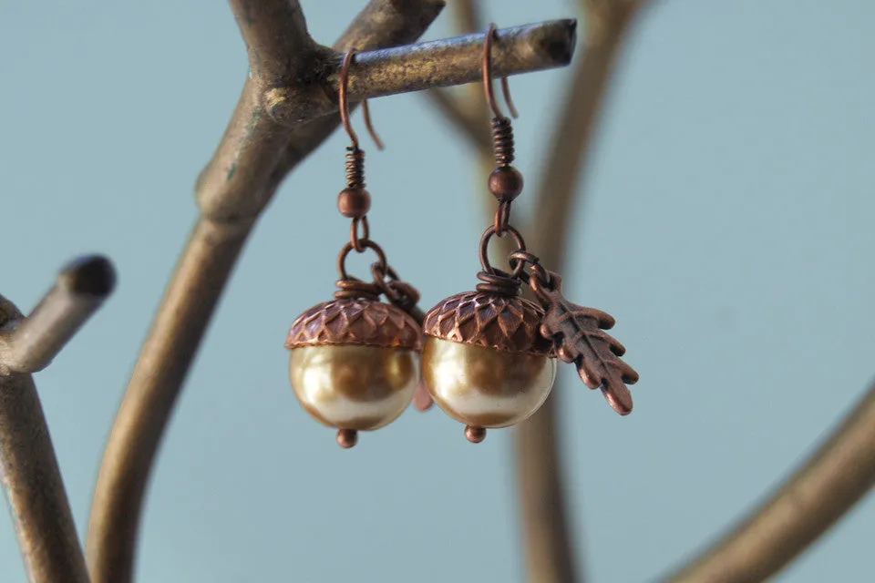 Copper Acorn Earrings | Pearl or Gemstone Acorn Charm Earrings | Fall Earrings | Nature Jewelry