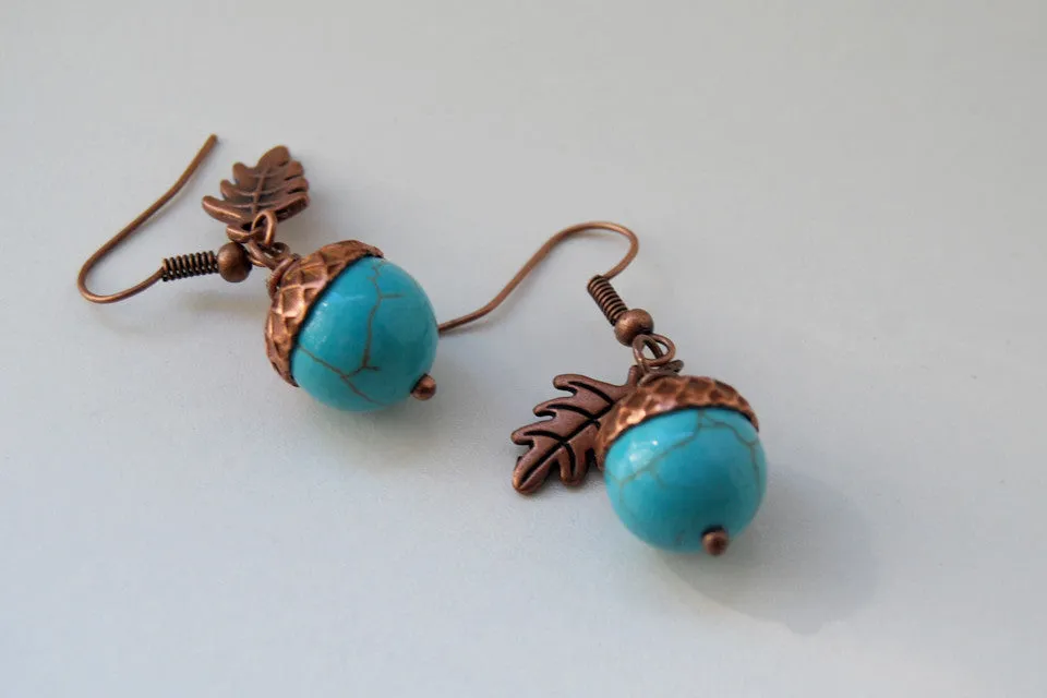 Copper Acorn Earrings | Pearl or Gemstone Acorn Charm Earrings | Fall Earrings | Nature Jewelry